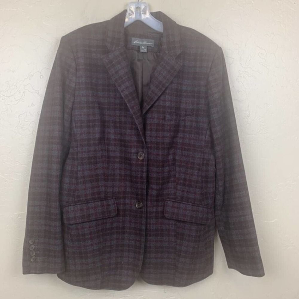 Eddie Bauer Womens Blazer Jacket Coat Gray Purple Plaid Buttons Flap Pockets 16